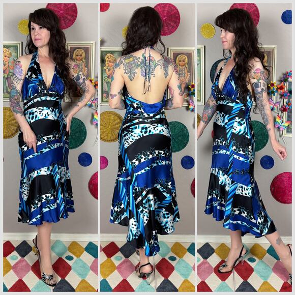 Vintage 1990s Blue and Black Abstract Animal Print Silk Backless Halter Dress - Picture 3 of 7